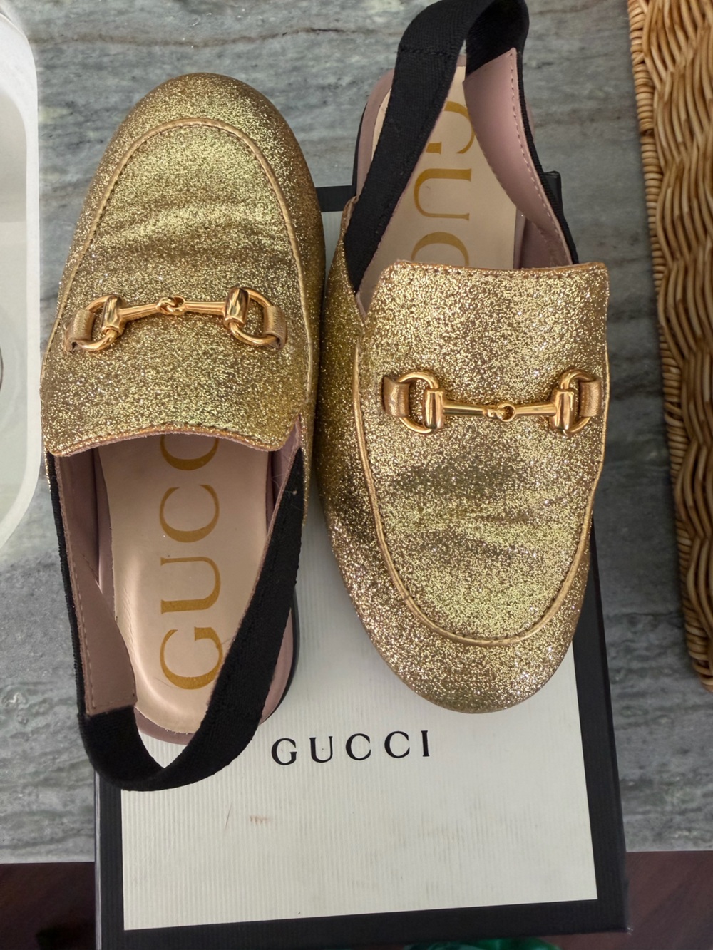 Gucci Kids Princetown Gold Glitter Slingback Loafers